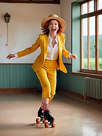 Foxy redhead in a yellow suit seduces her partner amidst the vines